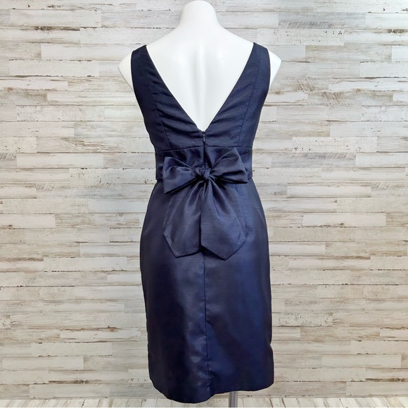 Jenny Yoo Cadie Bow Detail Shantung Sheath Dress Size 4 Navy Pockets Sleeveless - Picture 10 of 17